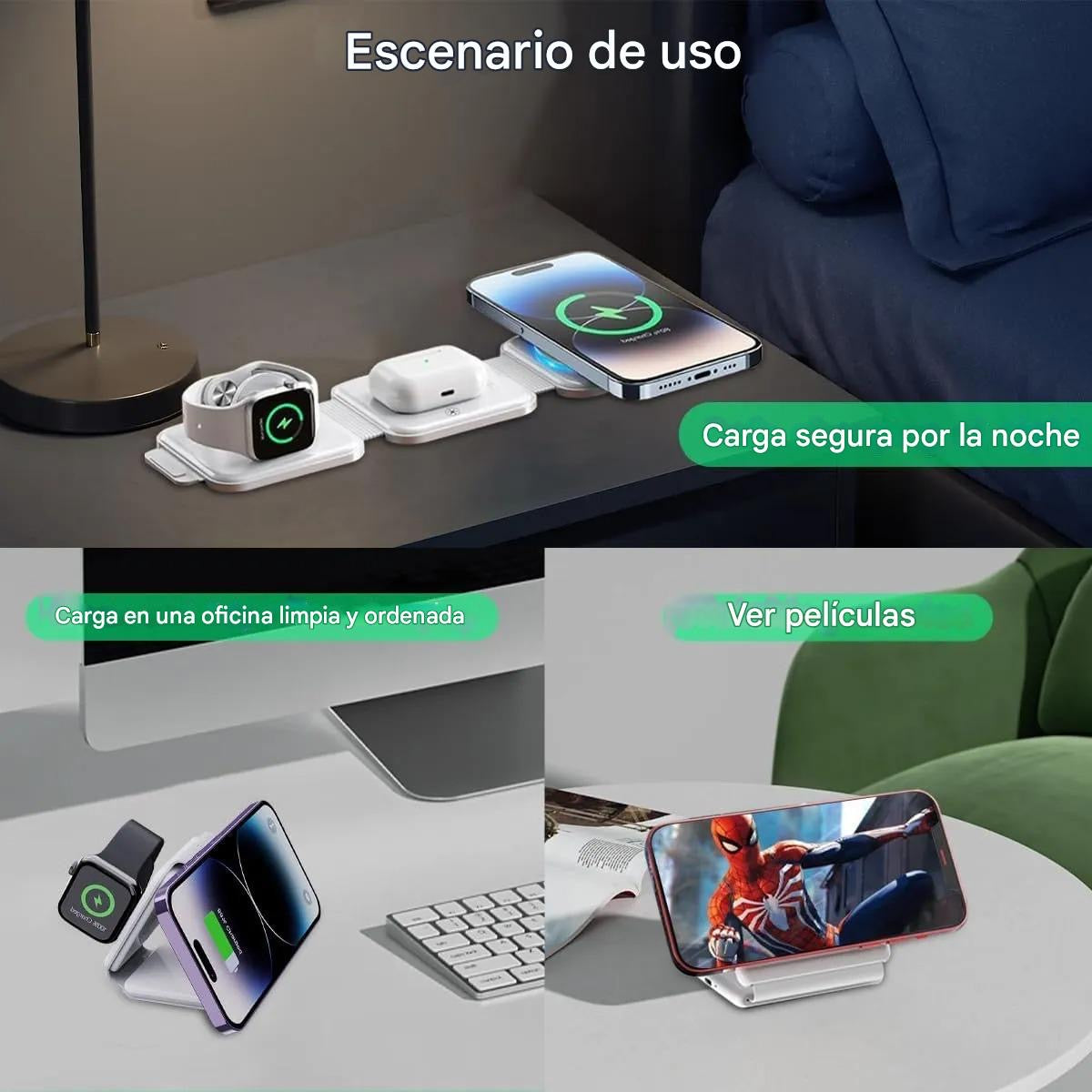 Cargador Inalámbrico Plegable 3 en 1 para iPhone, Apple Watch y AirPods